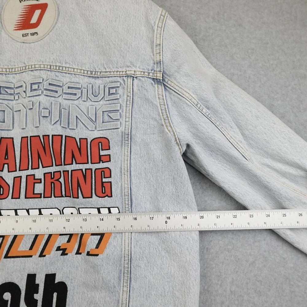 Zara Distressed Denim Jacket Mens Medium Graphic Patches Button Light Wash AOP